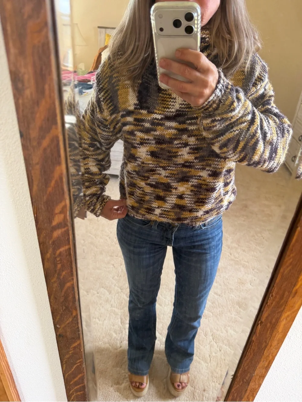 Snap Multicolor Knit Turtleneck Sweater in Mustard, Black & Cream